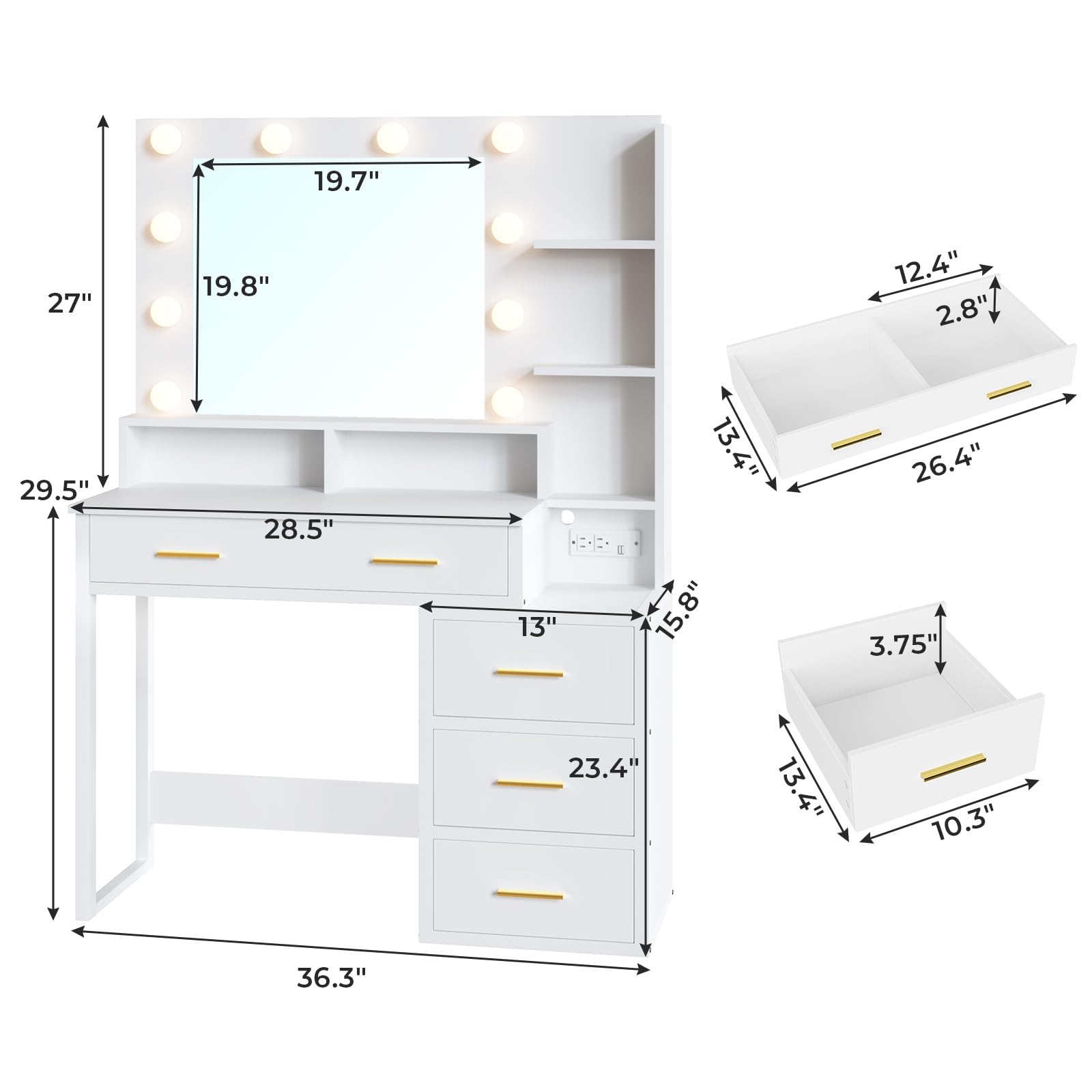 Modern White Makeup Vanity Set with 10 LED Bulbs & 3 Lighting Modes - Adjustable Mirror, 2 USB Ports, Outlets, Storage Shelves & Drawers - Perfect for Bedroom, Dressing Room & Beauty Salon