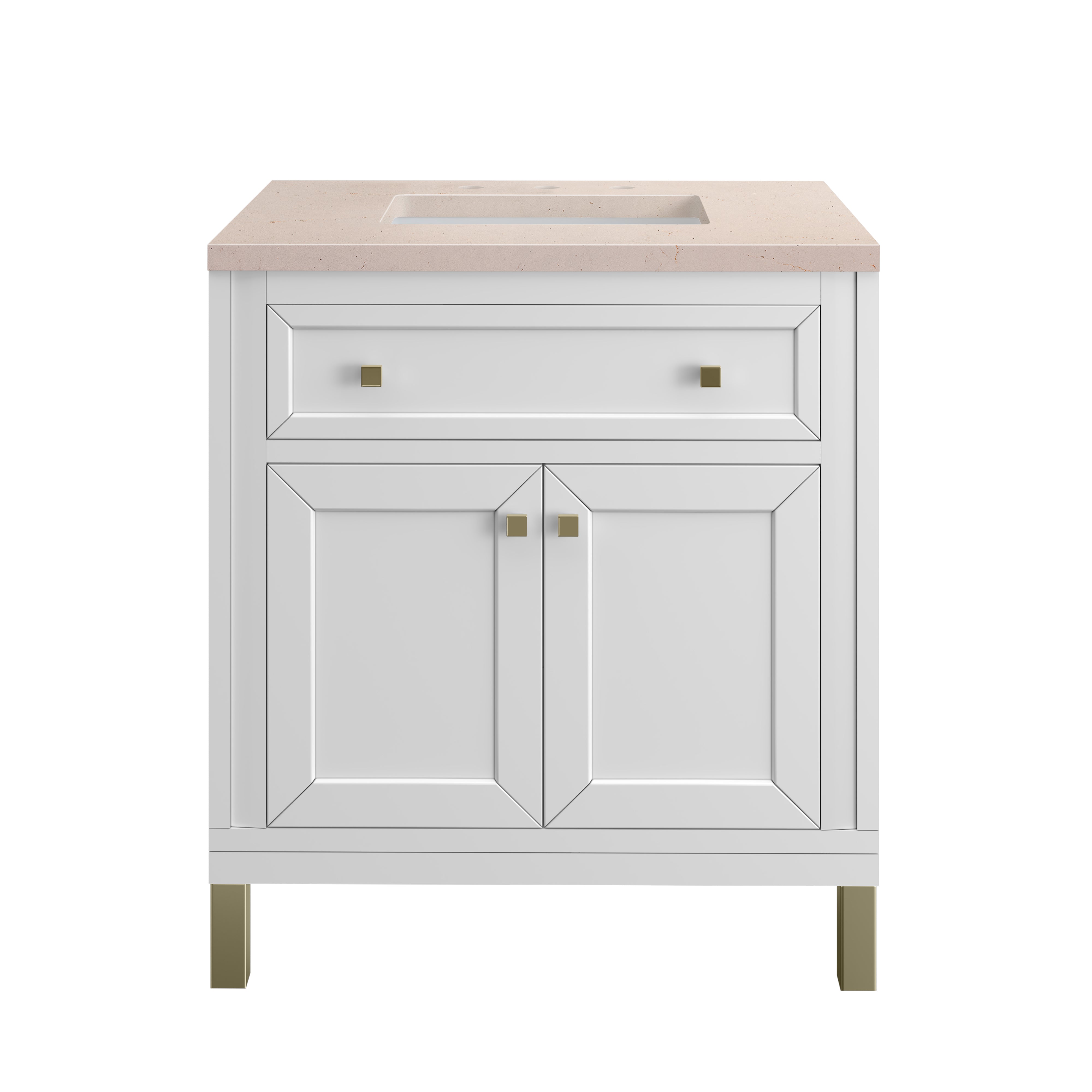 Chicago 30-Inch Single Bathroom Vanity Set with Glossy White Finish & 3CM Eternal Marfil Stone Top - Perfect for Modern Master Bathrooms & Powder Rooms