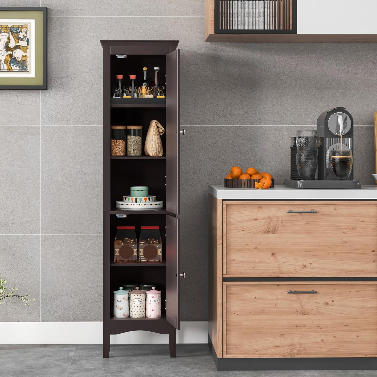 Tall Narrow Bathroom Storage Cabinet with 3 Adjustable Shelves - 2 Door Freestanding Organizer with Anti-Tip Device for Bathroom, Living Room, Bedroom - Space Saving Home Organization Solution (Brown)