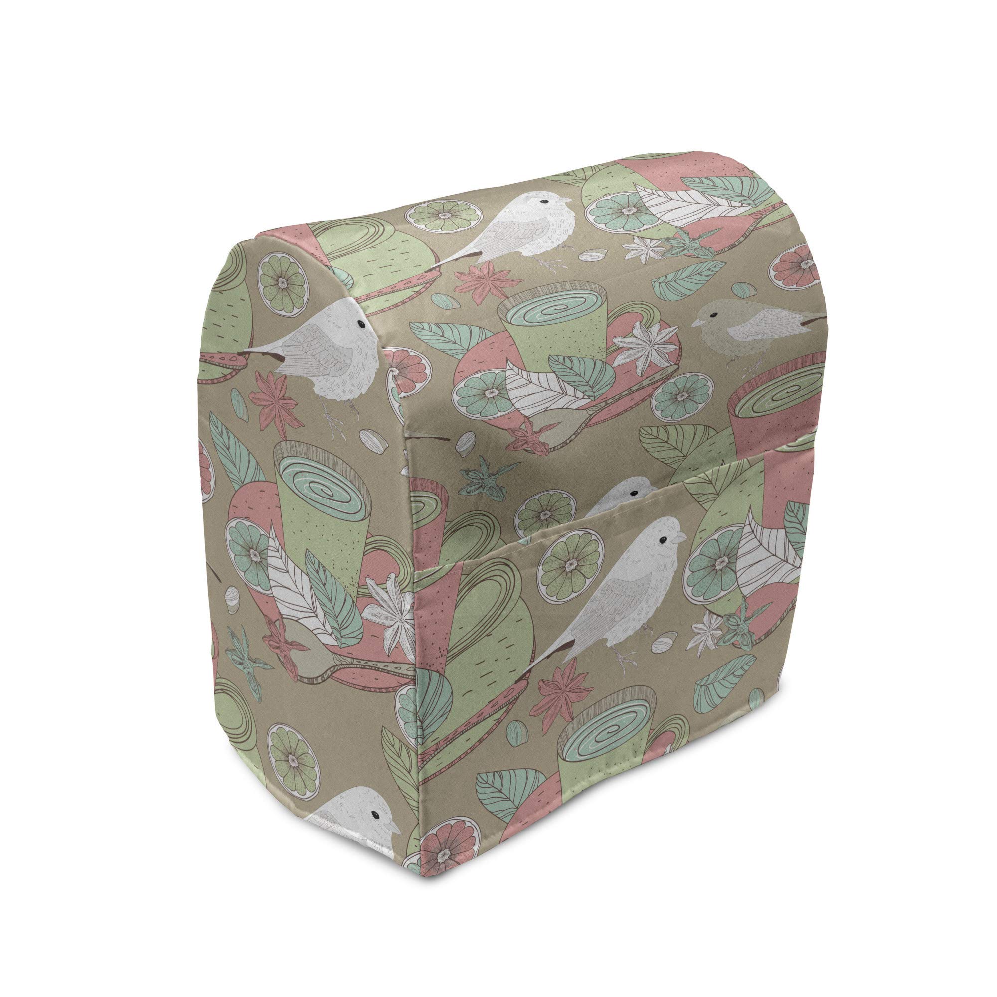 Ambesonne Vintage Stand Mixer Cover - Floral Lemon Tea Cup Design, 6-8 Quart Kitchen Appliance Protector with Storage Pocket, Pale Green & Blush Retro Colors | Perfect for Baking Enthusiasts & Kitchen Organization