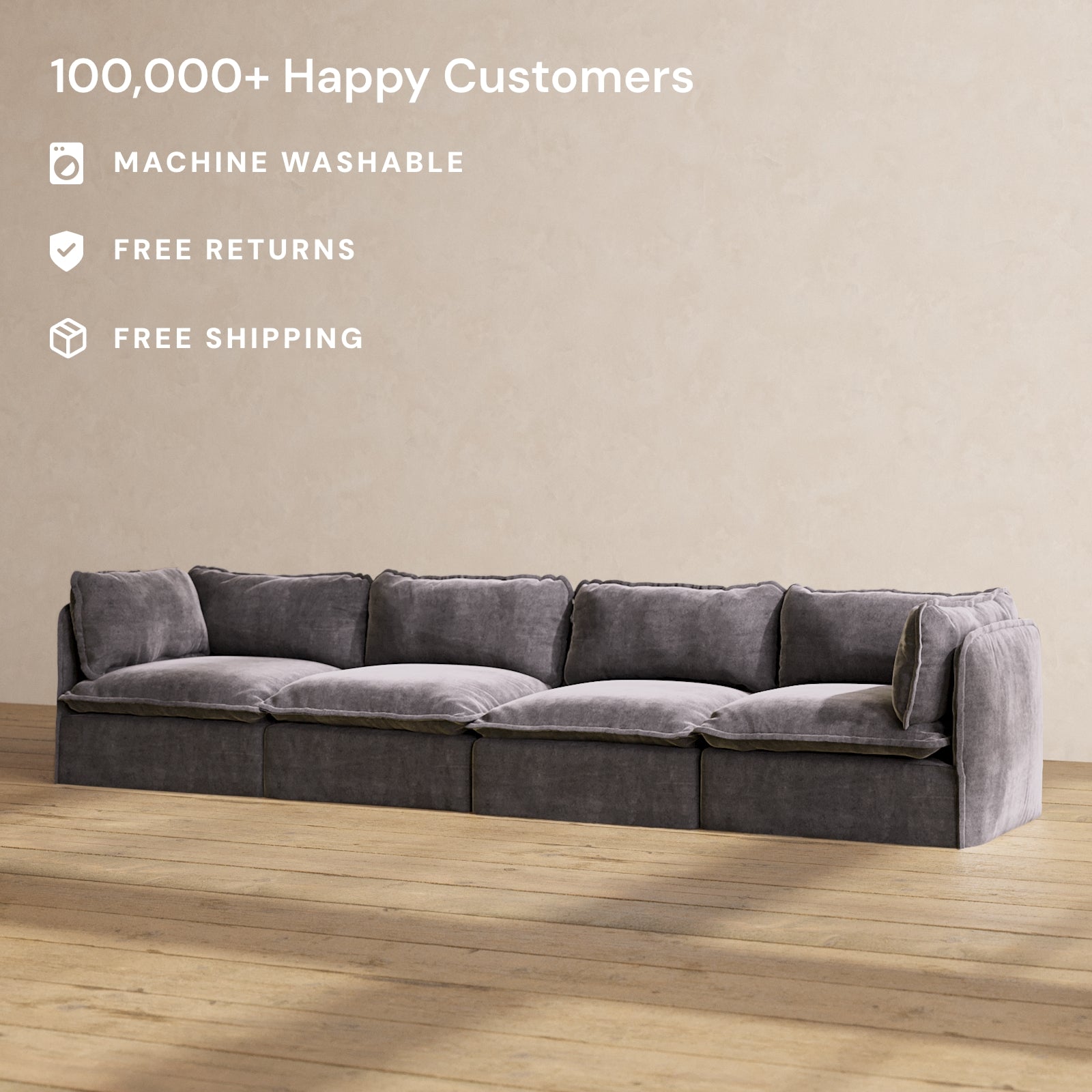 Modular Performance 4-Seater Sofa in Cinder Gray | Relaxed Blend Fabric | Perfect for Living Room, Family Room & Home Theater