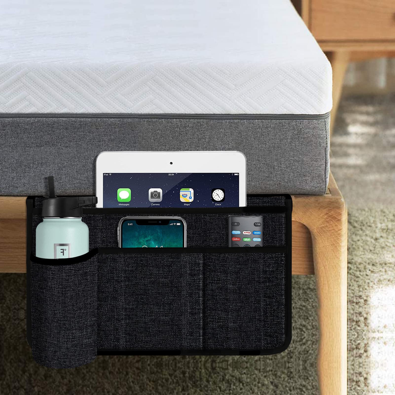 Joywell 4-Pocket Linen Bedside Storage Organizer - Mattress Insert Caddy for Remote Control, Phone, iPad & Magazine Holder - Perfect for Bedroom Organization & Nightstand Storage (Black)