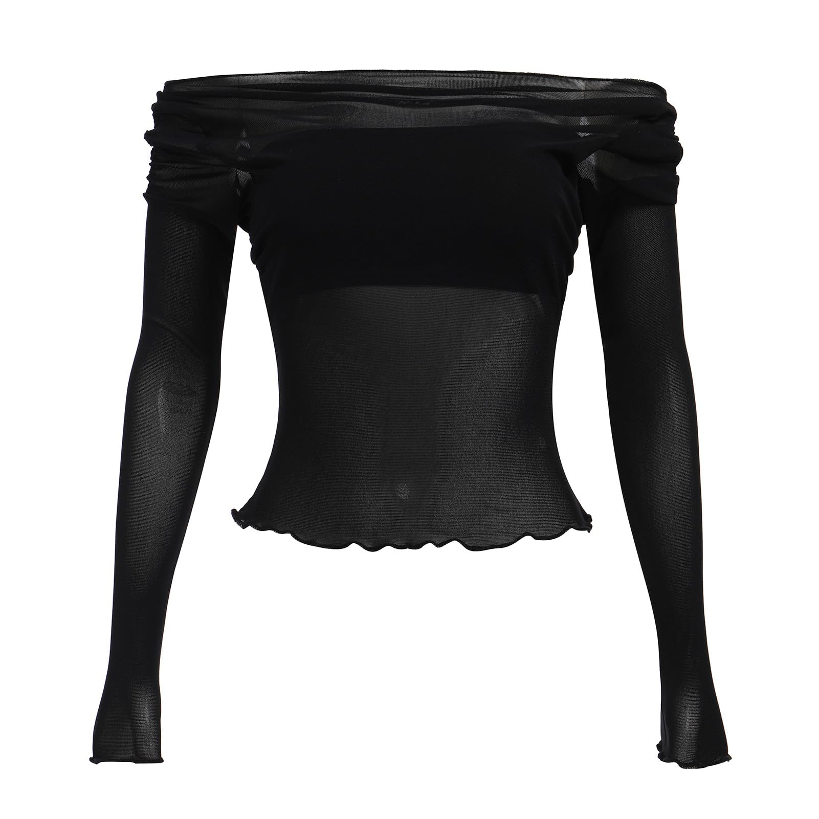 ABAFIP Women's Sheer Crop Top - Ruched Ruffle Off Shoulder Mesh Long Sleeve Blouse for Rave, Party & Night Out | Sexy Clubwear & Festival Fashion