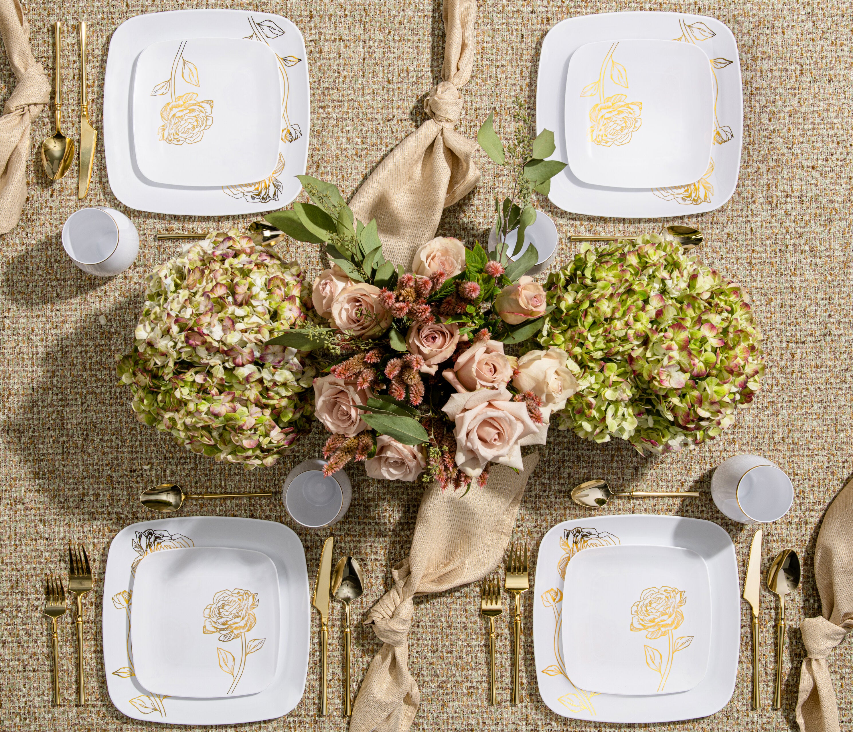 32-Piece White and Gold Square Plastic Dinnerware Set - Elegant Disposable Tableware for 16 Guests - Perfect for Weddings, Parties, and Outdoor Events