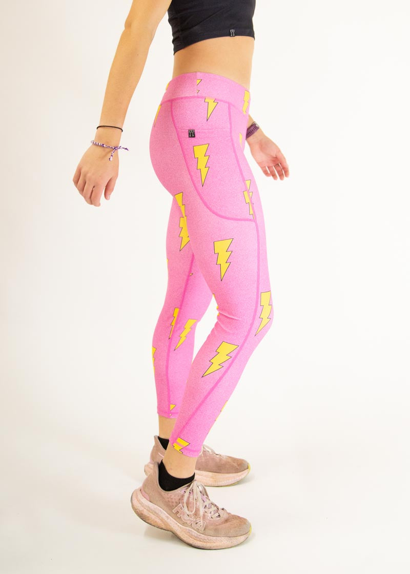 Women's High Waisted Pink Bolts Print Yoga Leggings - Soft Stretchy Workout Pants for Running, Gym & Lounge Wear