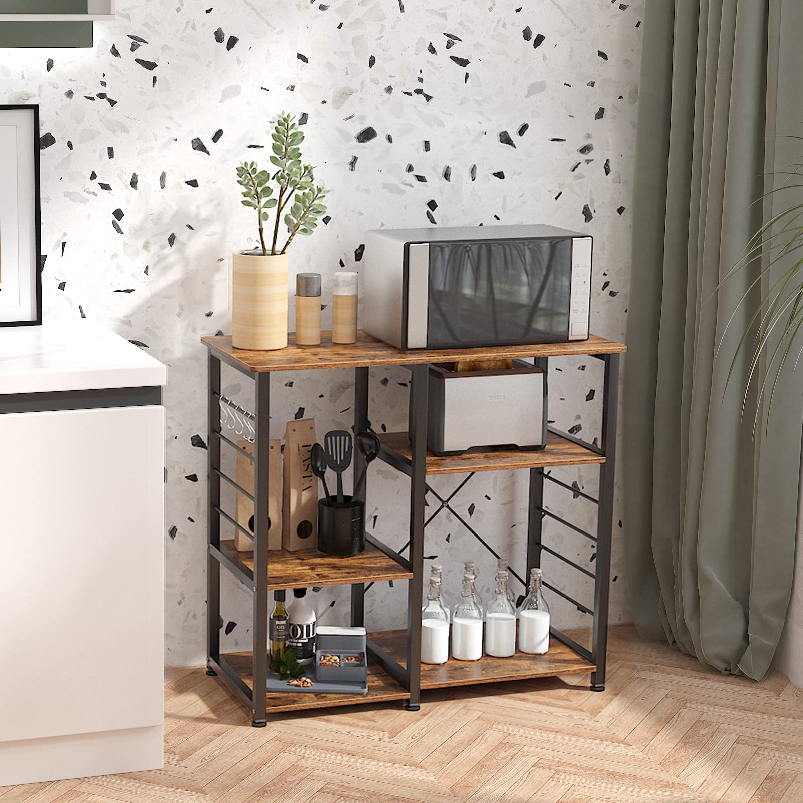 SogesGame Retro Kitchen Bakers Rack with Storage - Microwave Oven Stand, Utility Shelf, Coffee Station - Perfect for Home Kitchen Organization & Small Space Solutions