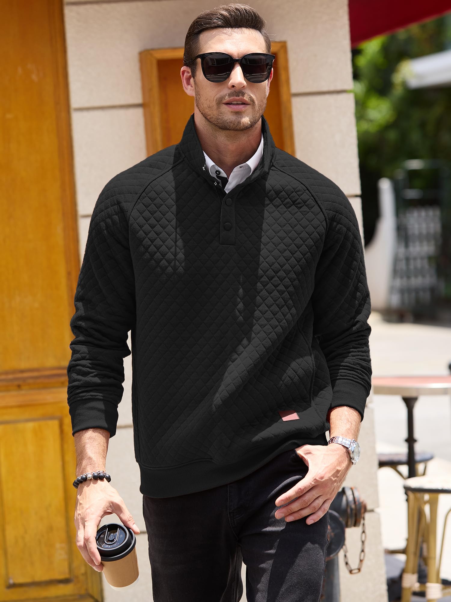 Comdecevis Men's Quilted Pullover Sweatshirt - Long Sleeve Mock Neck Waffle Knit Polo Shirt with Pockets | Casual Winter Wear for Outdoor Activities & Daily Comfort