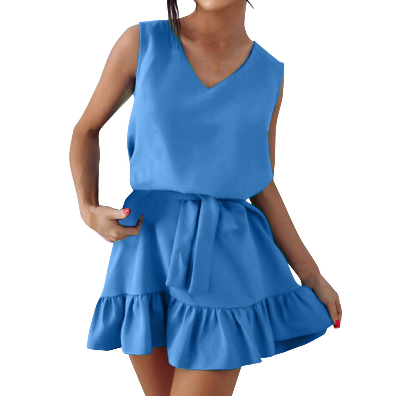 FABIURT Women's V-Neck Sleeveless Pleated Ruffle Dress - Summer Casual Flowy Midi Dress for Beach, Party & Vacation