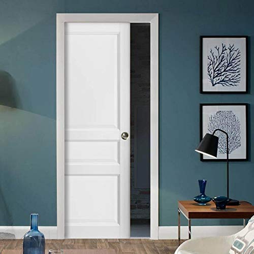 36 x 80 Inch 3 Panel Solid Wood Pocket Door Kit with Matte White Finish - Complete Hardware & Trims Included | Perfect for Pantry, Kitchen, Bedroom & Closet Sliding Doors | Durable Interior Barn Door Solution for Modern Homes