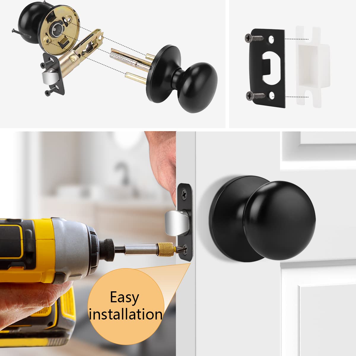 Probrico 10-Pack Matte Black Interior Door Knobs - Passage Door Handles for Closet & Hallway | Universal Design for Bedroom, Bathroom & Office Doors
