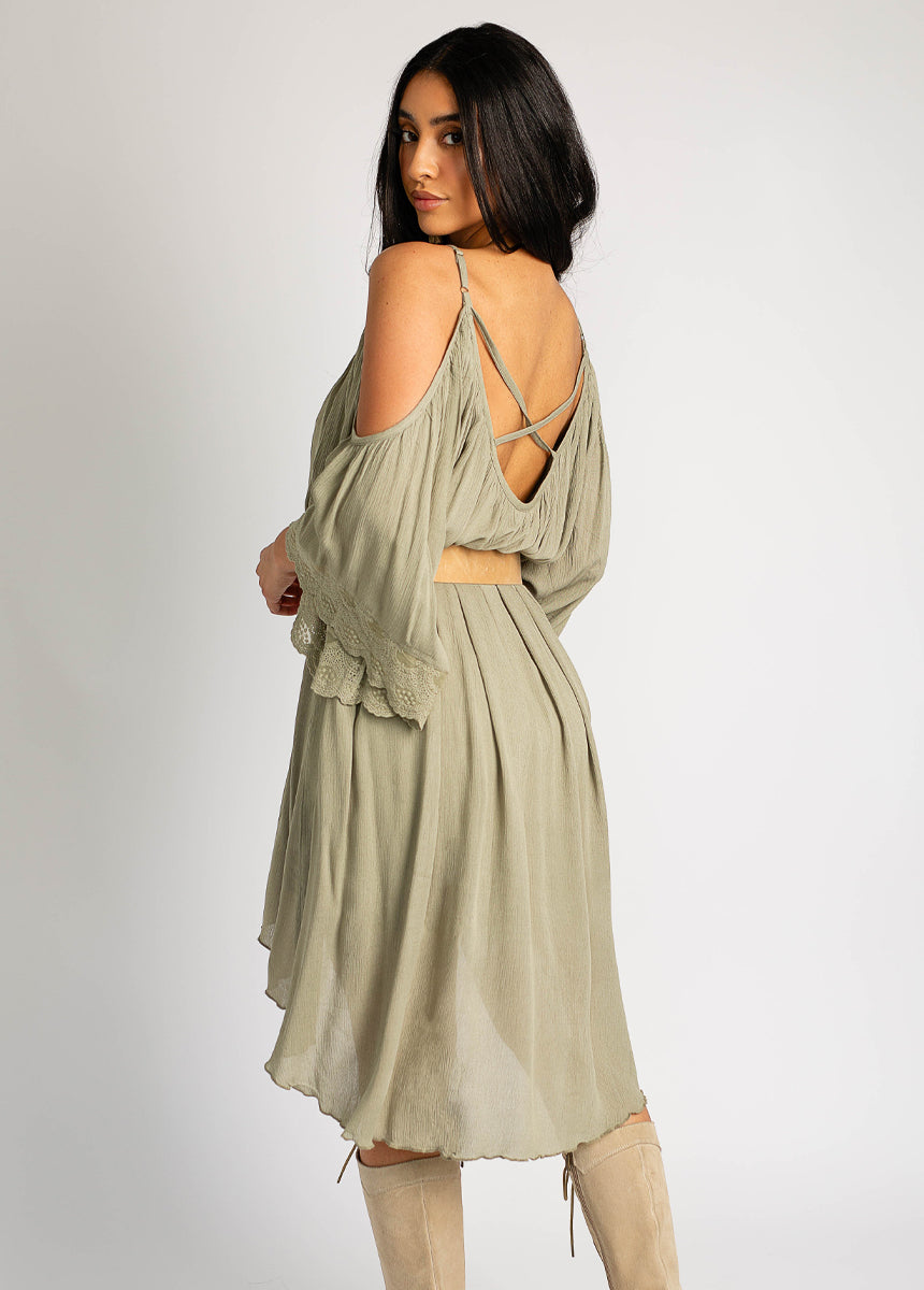 Elegant Dela Dress in Greensmoke - Flowy Midi Dress for Women | Perfect for Weddings, Parties & Special Occasions