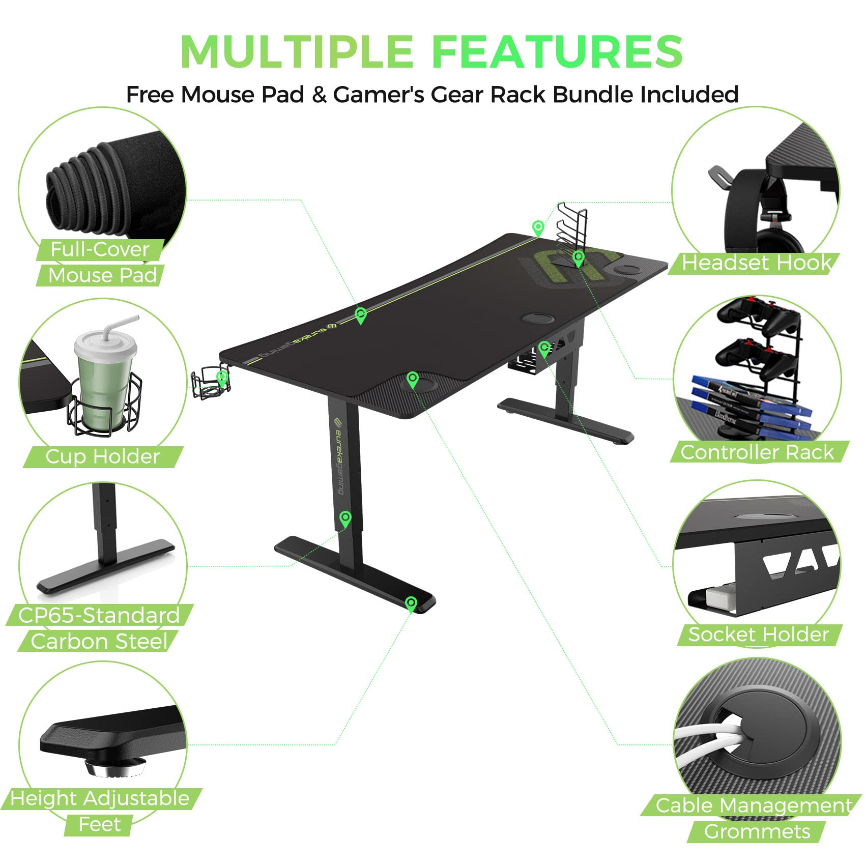 EUREKA ERGONOMIC 63 Inch Height Adjustable Gaming Standing Desk - Manual Mechanical Lift, Large Home Office Desk with Curved Edge, Dual Monitor & Controller Stand - Perfect for PC Gaming, Work from Home & Ergonomic Workspace Setup