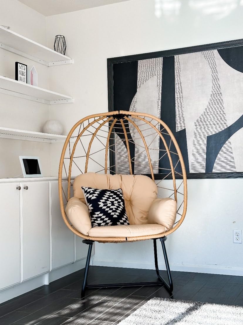 YITAHOME Beige PE Rattan Egg Chair with Stand & Cushion - Indoor/Outdoor Hanging Lounge Chair for Patio, Garden, Backyard, Porch - Perfect for Relaxing, Reading & Sunbathing