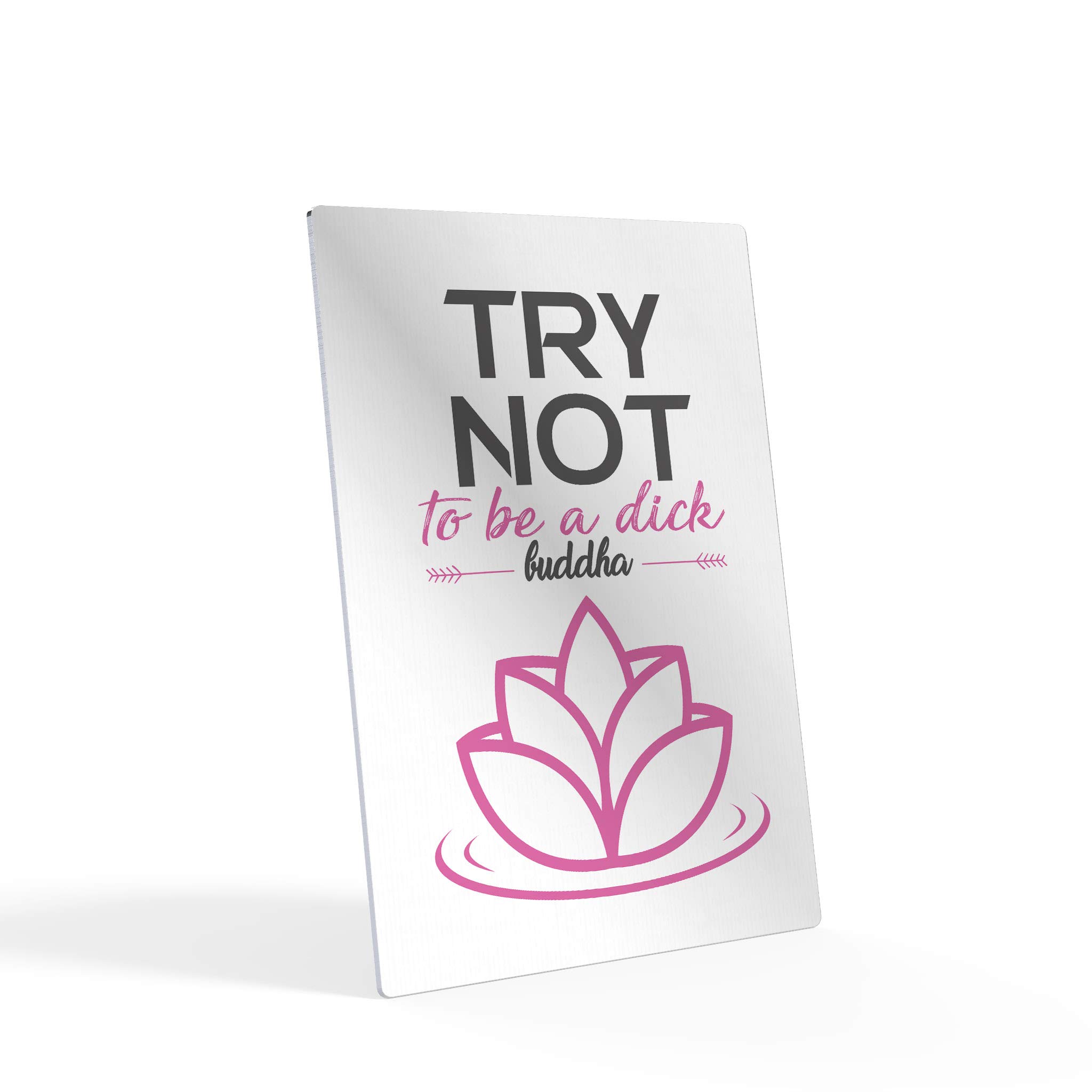 HB Art Design Funny Buddha Quote Metal Print - 'Try Not to Be a Dick' Wall Art for Bathroom Decor (12x8 Inches, Pink) | Ready to Hang Toilet Sign & Unique Bathroom Accessories Gift Idea for Home, Office or Spa Humor
