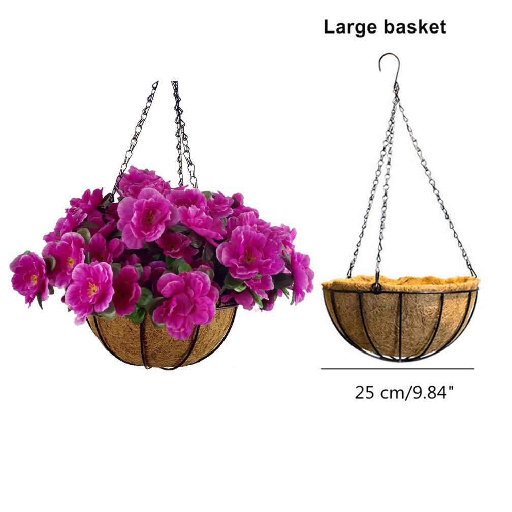 Set of 12 Artificial Azalea Flowers with Hanging Flower Pot & Chain - UV Resistant Outdoor Decor for Patio, Garden, Porch & Balcony - Large Wicker Basket & Lifelike Silk Flowers