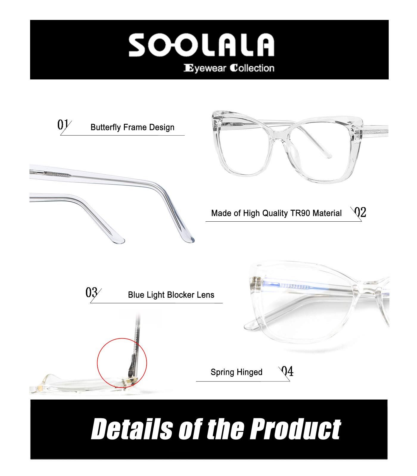 SOOLALA Blue Light Blocking Glasses for Women - TR90 Computer Reading Glasses with Butterfly Frame - Anti Eye Strain for Digital Screen Use - Perfect for Office, Gaming & Nighttime Reading
