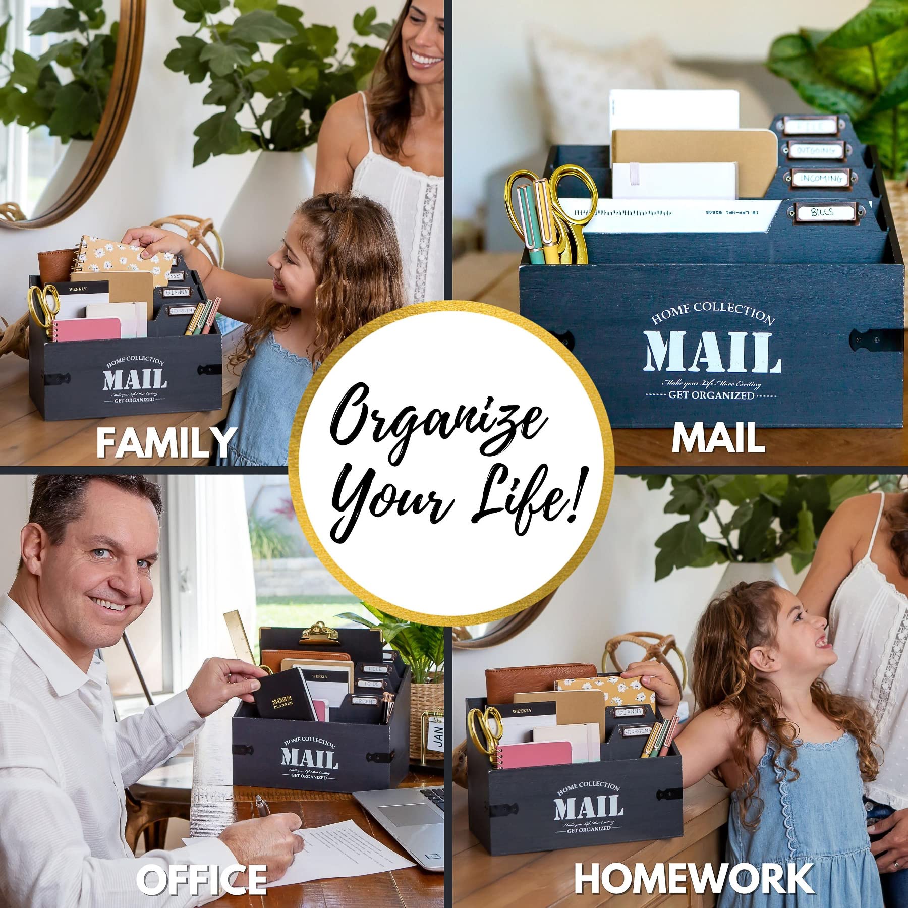 25DOL XXL Wooden Mail Organizer - 7 x 10.8 Inch Desktop Letter Sorter, File Holder & Desk Organizer for Office, Home - Rustic Mail & Document Storage Solution (Perfect for Bills, Letters, Files)