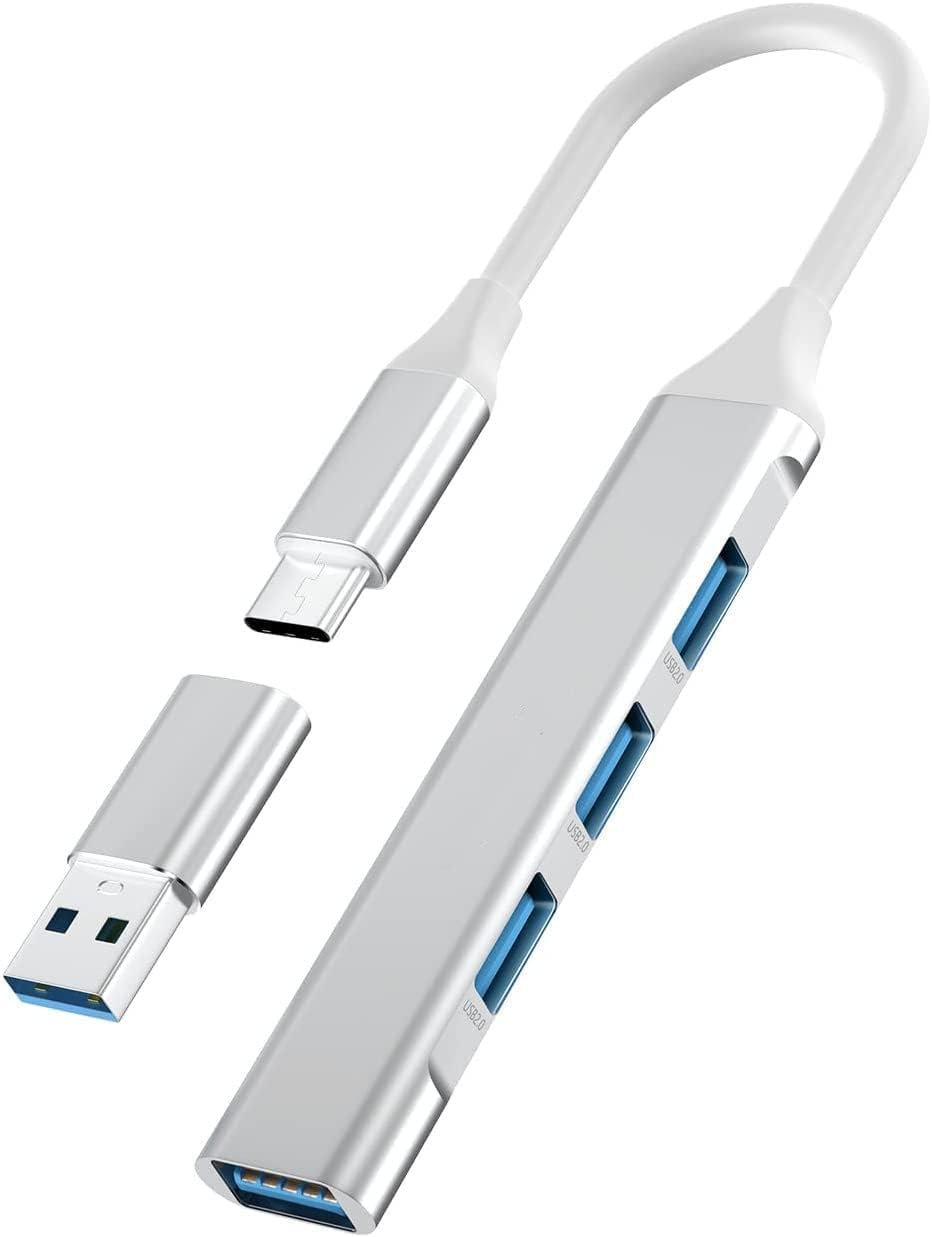 4-in-1 USB C Hub Adapter - 3 USB 2.0 & 1 USB 3.0 Ports, Ultra Slim Portable USB C Dongle for MacBook Pro/Air, iMac, Surface Pro, XPS & Windows Laptops - Perfect for Office, Travel & Home Use (Silver)