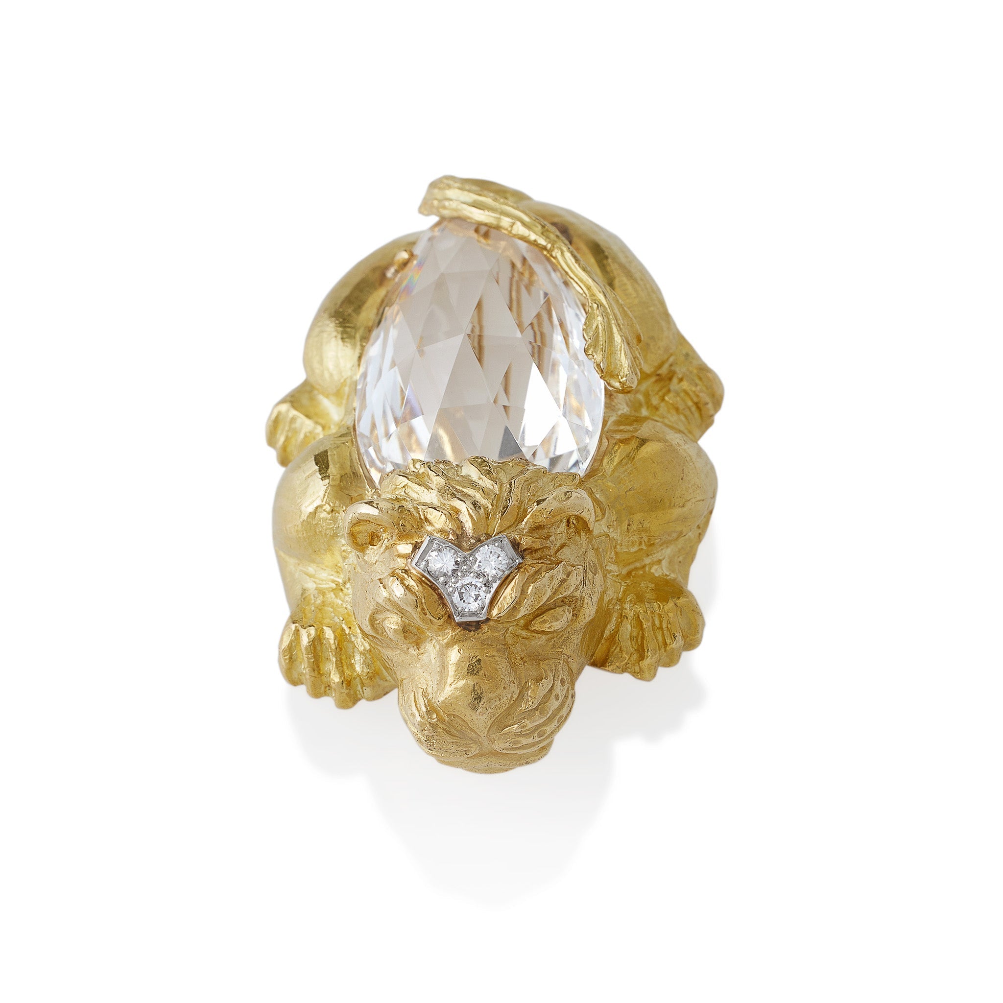 David Webb Rock Crystal Crouching Lion Brooch - Vintage Luxury Animal Jewelry Pin for Women - Perfect for Evening Gala, Wedding, and Special Occasions