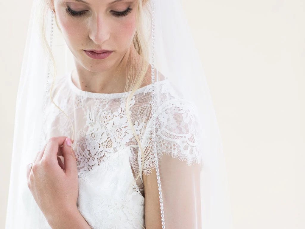 Ivory Diamanté Edge Chapel Length Wedding Veil - Elegant Bridal Accessory for Church Ceremonies & Formal Weddings