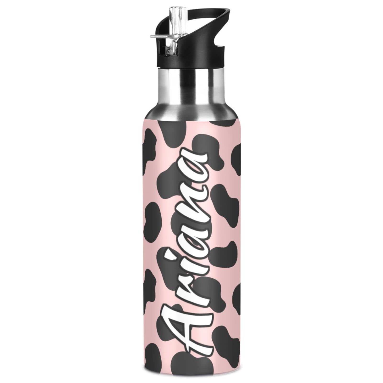 Custom Personalized 20oz Insulated Stainless Steel Water Bottle with Straw Lid - Pink & Black Double Wall Vacuum Flask for Hiking, Sports, Gym & Outdoor Activities | Leakproof & Sweatproof Design