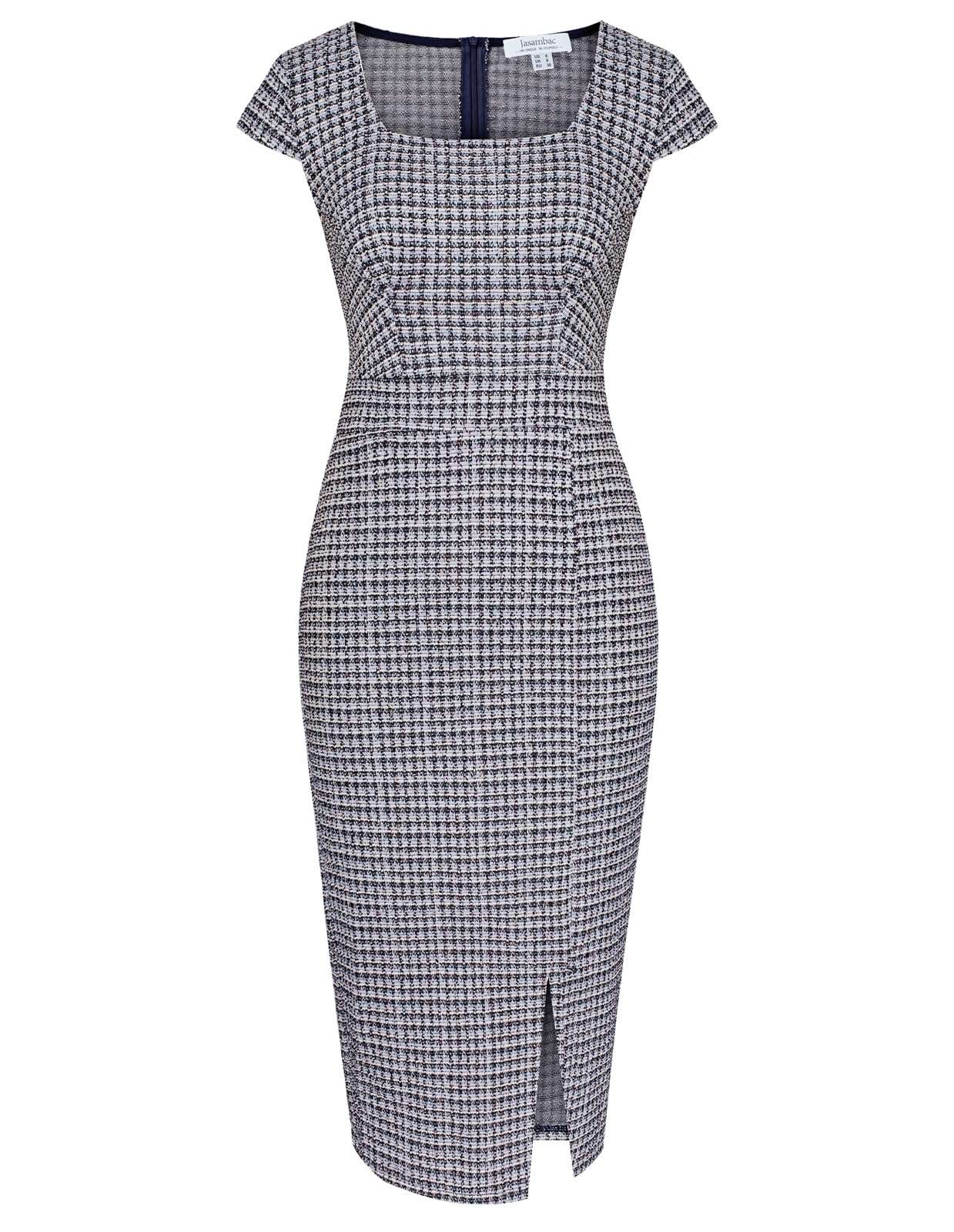 Vintage Midi Pencil Dress for Women - Tweed Cap Sleeve Sheath Dress with Square Neck | Wedding Guest, Office Work, Cocktail Party Attire | Dark Blue Formal Dress