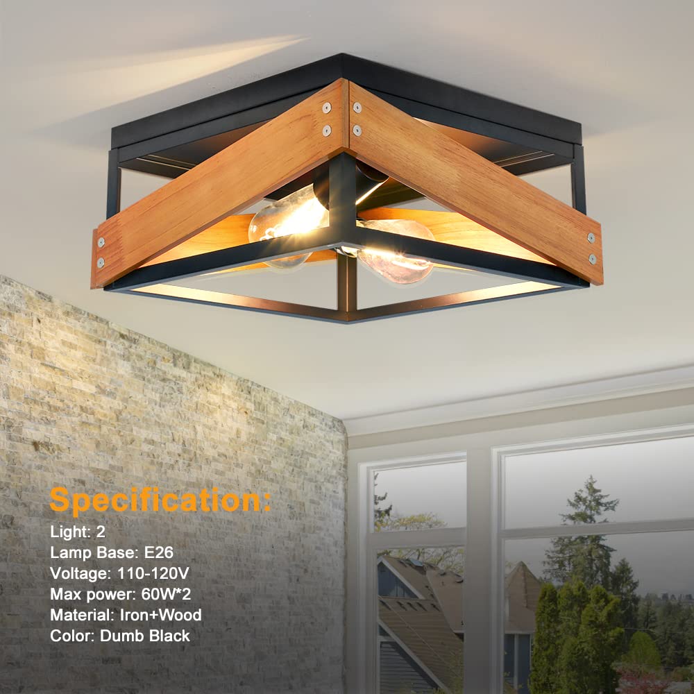 Rustic Industrial Flush Mount Ceiling Light - 2-Light Square Farmhouse Fixture with Wood & Metal Frame, Matte Black E26 - Perfect for Hallway, Living Room, Bedroom, Kitchen & Entryway Lighting