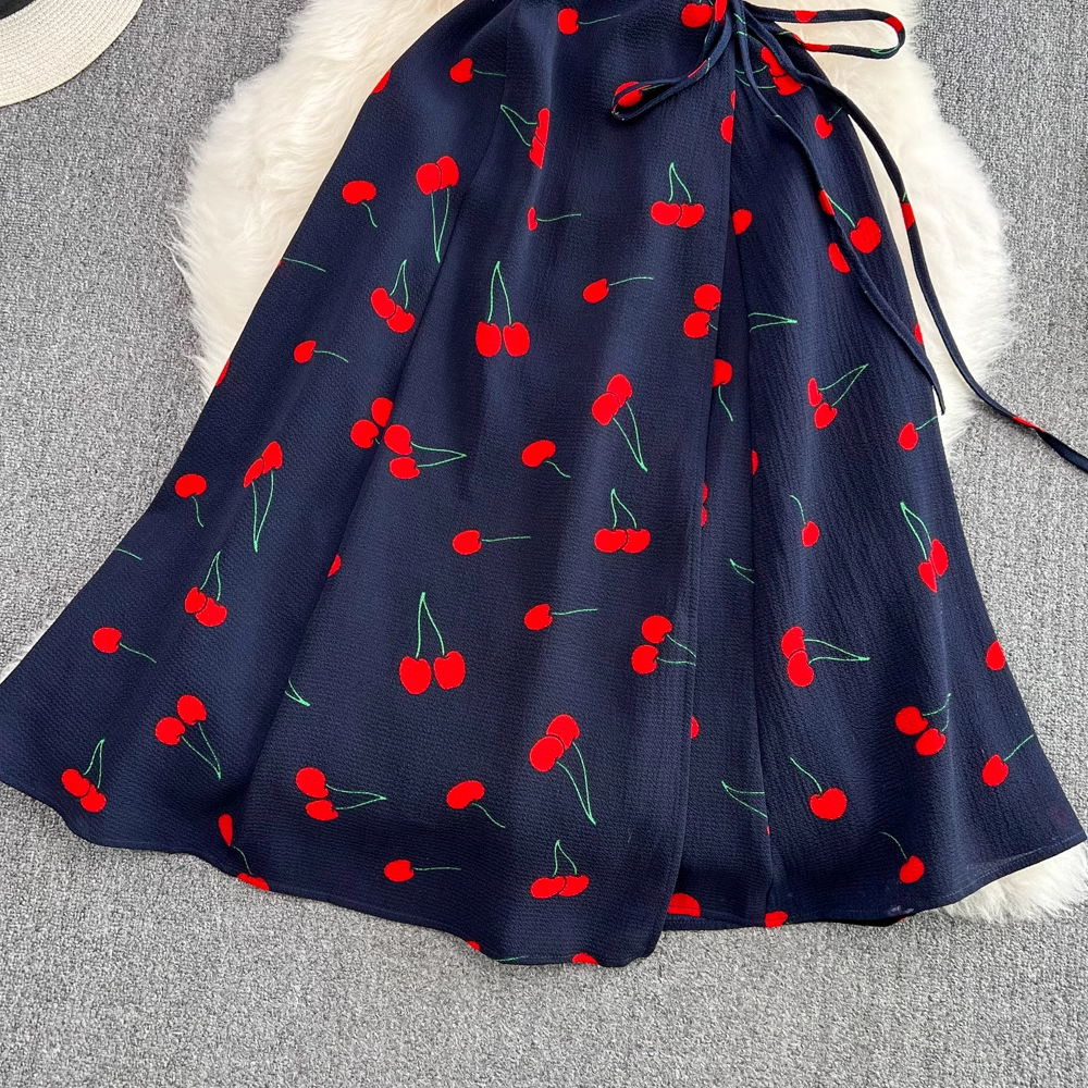 Cherry Print V-Neck Short Sleeve Summer Dress - Flattering A-Line Cut for Women | Perfect for Beach Vacations, Garden Parties & Casual Outings