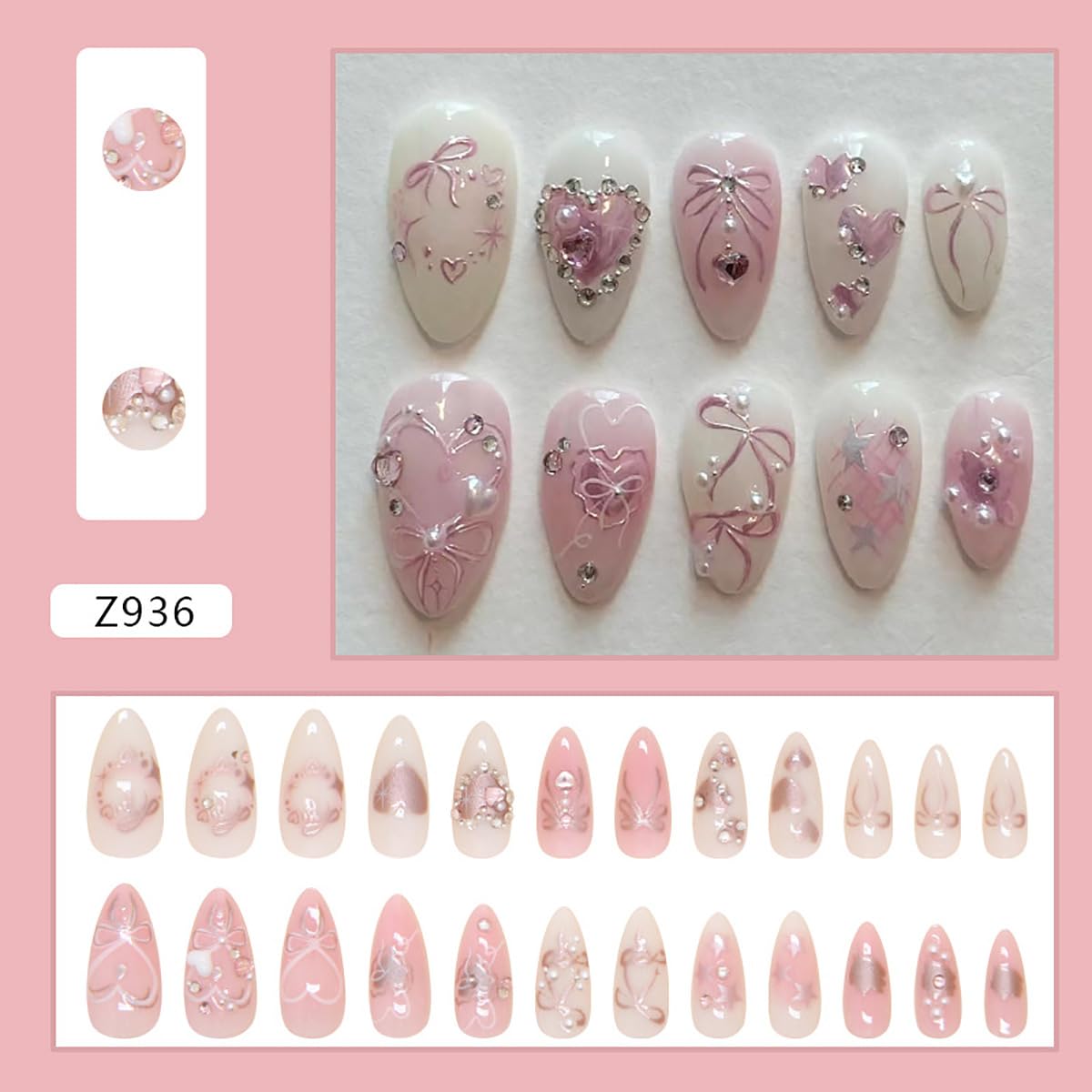 Pink Short Almond Press on Nails with 3D Heart Pearl, Rhinestones & Silver Star Glitter Designs - 24Pcs Flower Charm Fake Nails with Cute Bow for Women & Girls | Perfect for Parties, Weddings & Everyday Glam