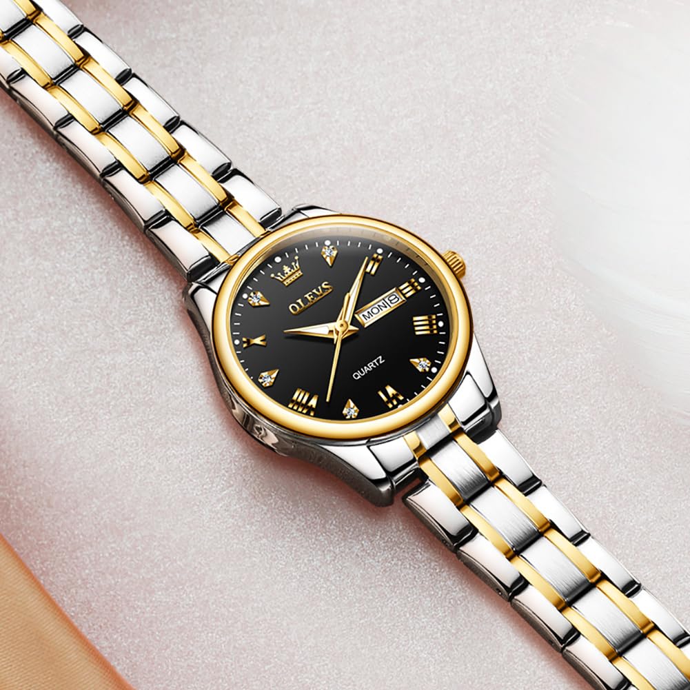 OLEVS Women's Gold Stainless Steel Waterproof Analog Quartz Watch with Date Day - Small Face Fashion Watch for Ladies with Gold, Black & White Dials - Perfect for Work, Parties & Everyday Wear