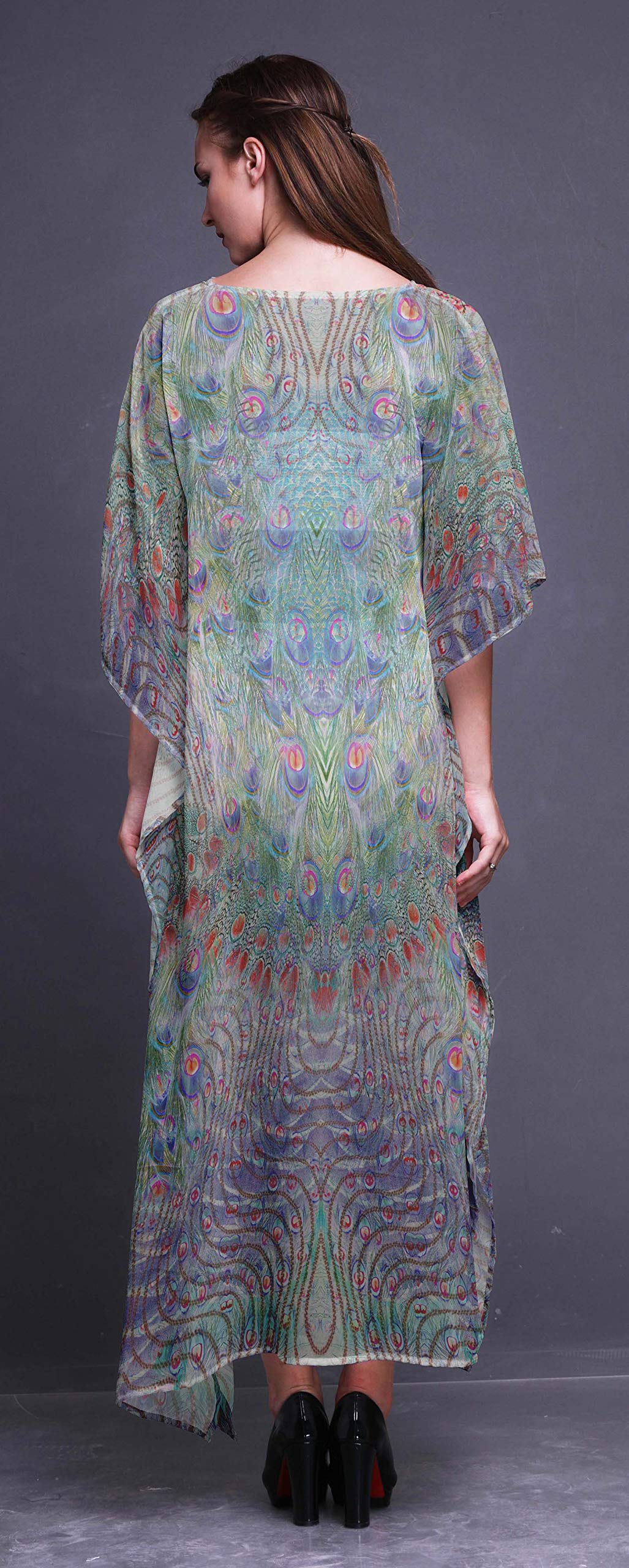 Peacock Feather Women's Long Beach Kaftan - Flowy Bikini Cover Up Maxi Dress for Summer Vacation, Pool Party & Boho Fashion