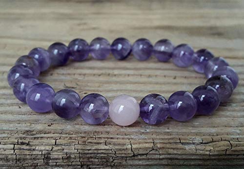 Amethyst Rose Quartz Bracelet - Healing Protection Love Mood Bracelet, February Birthstone Jewelry for Meditation & Yoga - Perfect Gift for Her by LadoNarayani | Ideal for Spiritual Healing, Stress Relief & Positive Energy