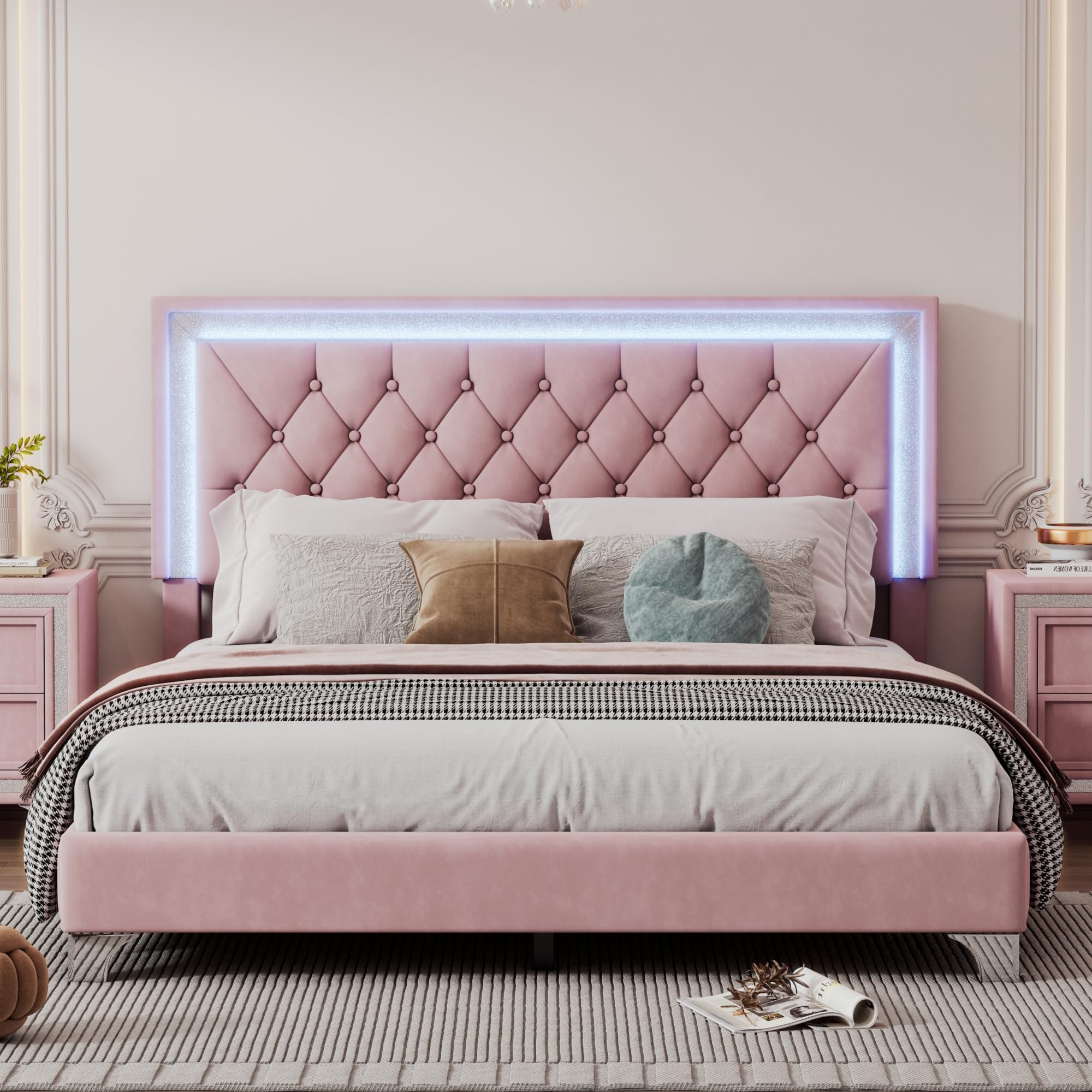 3-Piece Pink Queen Size Upholstered LED Platform Bed Set with 2 Nightstands - Modern Bedroom Furniture for Master Suite, Guest Room & Small Space Decor