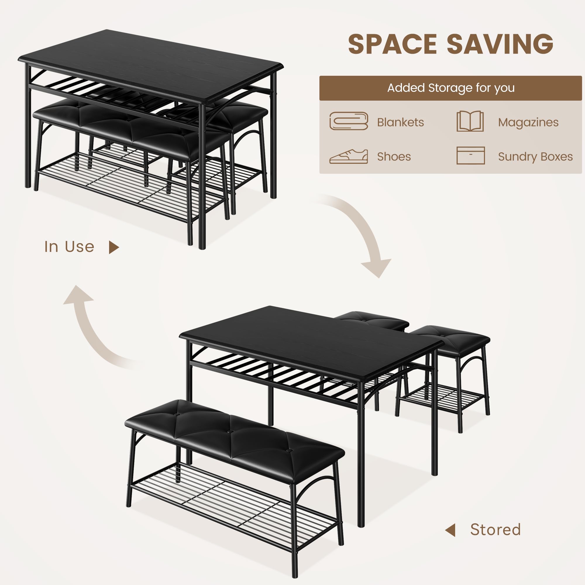 **IDEALHOUSE 4-Piece Dining Table Set with Upholstered Bench & Square Stools - Space-Saving Kitchen Table for Small Apartments, Includes Storage (Black) - Perfect for Breakfast Nooks, Compact Kitchens & Cozy Dining Areas**
