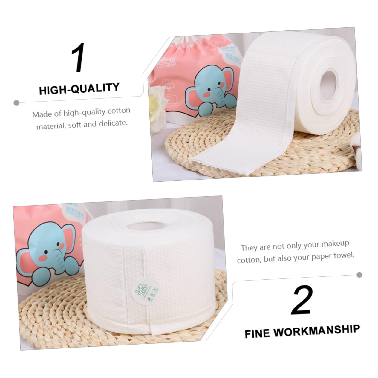 **Soft Cotton Facial Tissues - 2 Rolls of Gentle Makeup Remover Wipes | Reusable & Eco-Friendly Face Towels for Makeup Removal, Cleansing & Skincare | Perfect for Travel, Gym & Daily Beauty Routine**