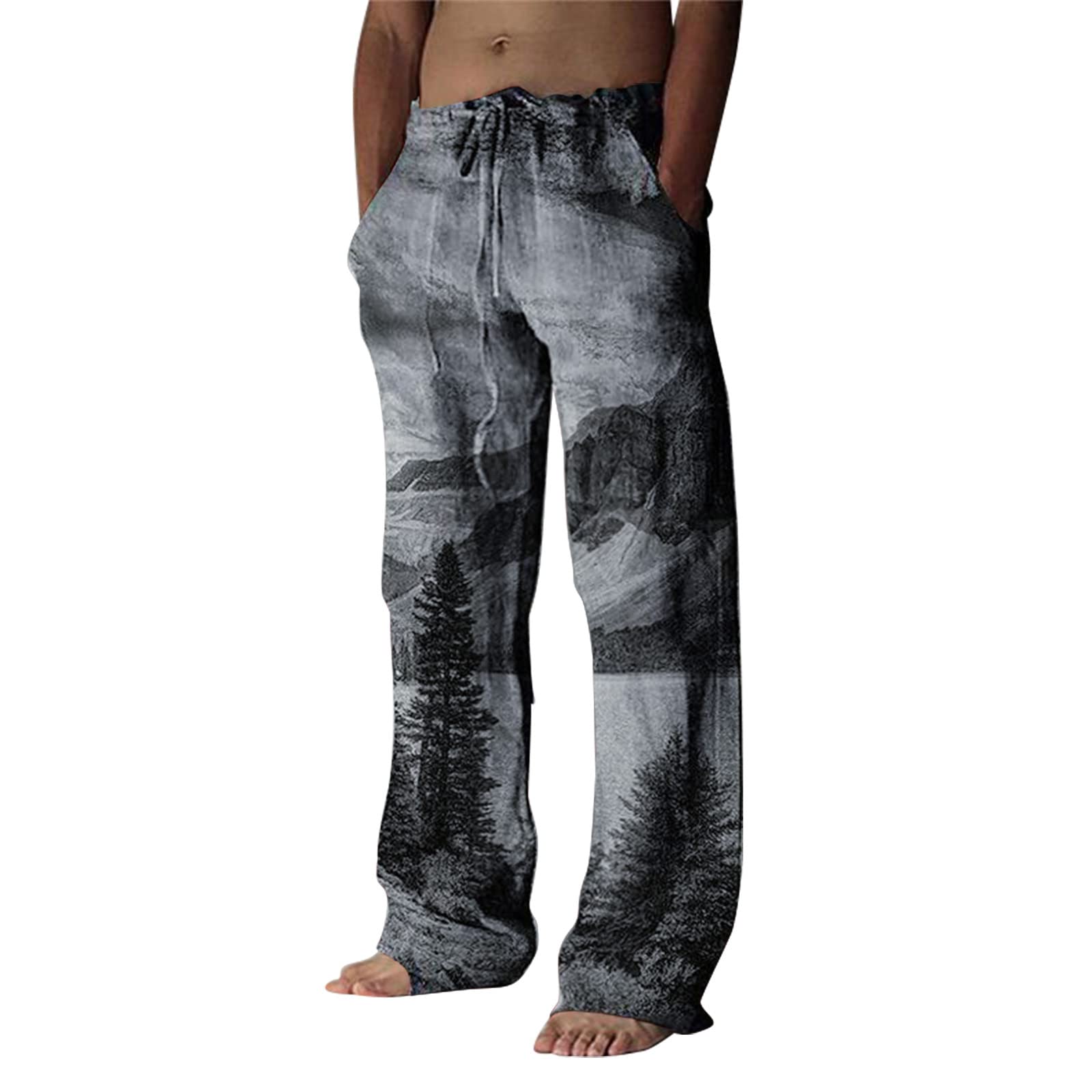 Men's Cotton Linen Beach Pants - Elastic Waist Drawstring Loose Fit Quick Dry Lounge Pants with Pockets for Summer Vacation, Swimming, Yoga & Casual Wear