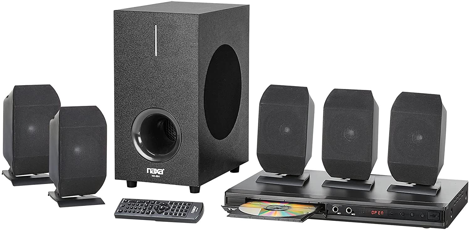 Naxa Electronics ND-864 5.1 Channel High-Powered Home Theater DVD & Karaoke Speaker System with Remote - Perfect for Movie Nights, Gaming, and Home Entertainment Parties