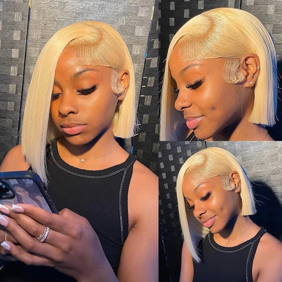 613 Blonde Bob Wigs Human Hair Straight 13x4 Lace Front 180% Density HD Transparent Lace Frontal Bob Wig Brazilian Remy Hair 14inch for Women - Pre Plucked With Baby Hair, Heat Resistant & Take Color Well - Perfect for Cosplay, Daily Wear & Special Occasions