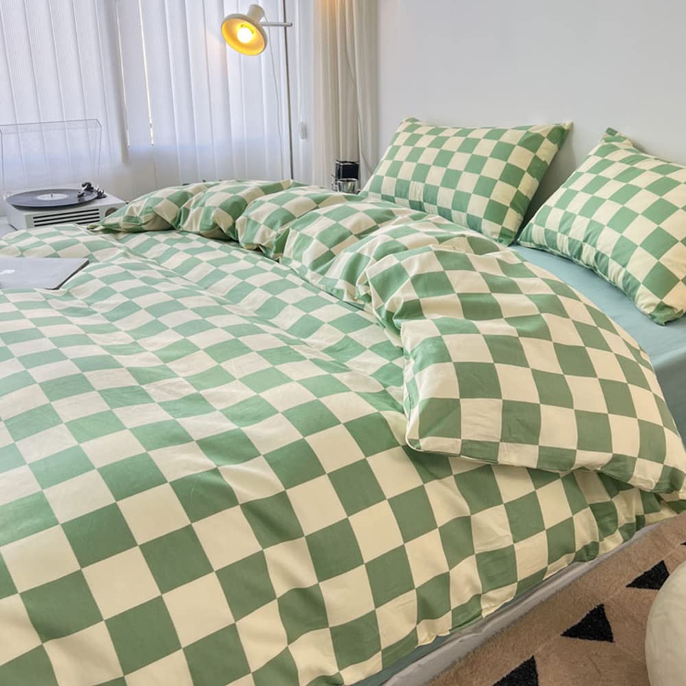 CLOTHKNOW Green White Plaid California King Comforter Set - 3 Piece Grid Bedding Set with 2 Pillowcases | Soft Checkered Duvet Cover for Master Bedroom, Guest Room & Dorm Decor