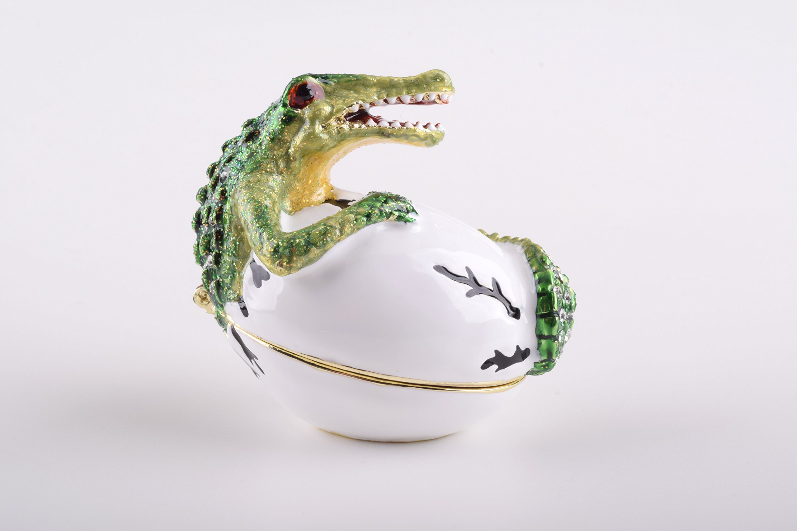 Keren Kopal Alligator Trinket Box Faberge Style - Handcrafted Jewelry Storage Decorated with Austrian Crystals, Unique Home Decor for Vanity, Dresser & Gift Giving