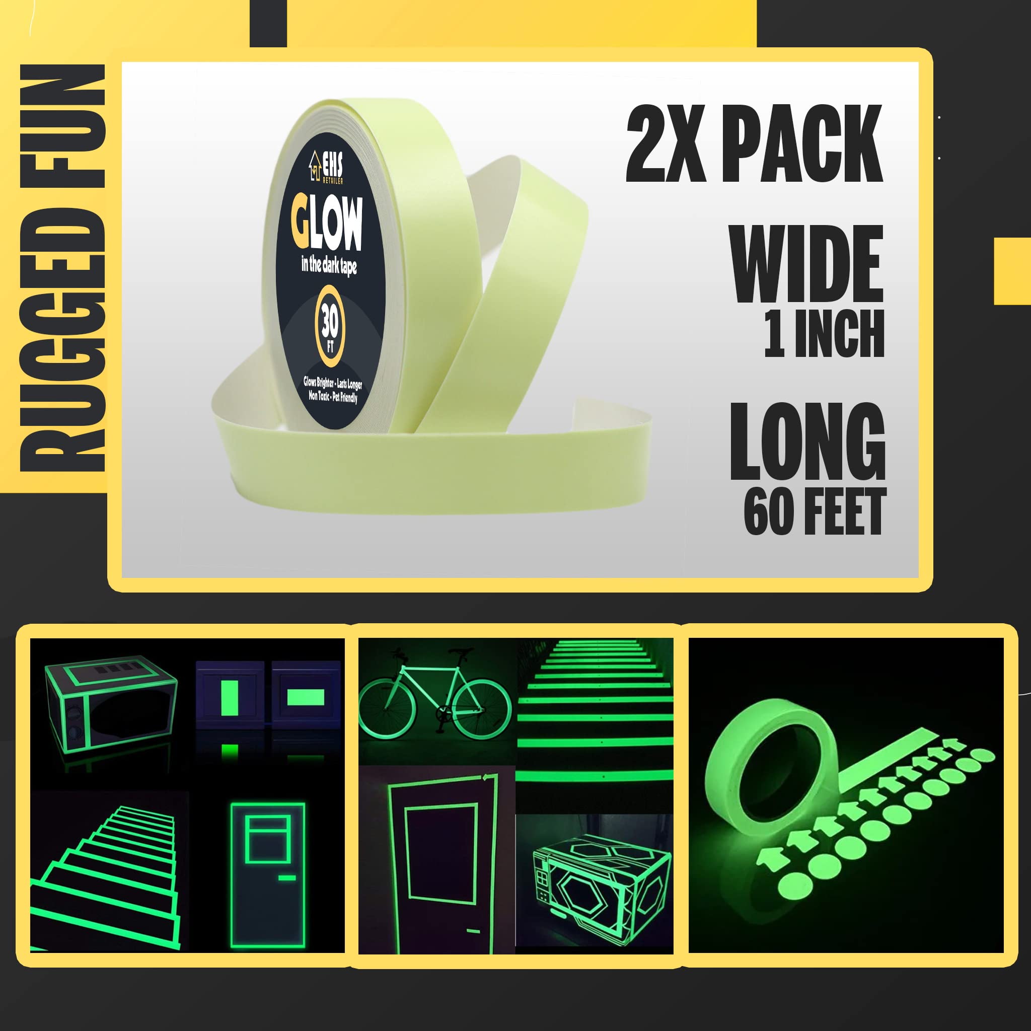 1 Inch x 60 FT Glow in The Dark Tape - 2 Rolls Pack - Bright Rechargeable Fluorescent Luminous Tape for Indoor & Outdoor Use - Home Decoration, Emergency Marking, Stair Safety, Kids Room & Party Decor