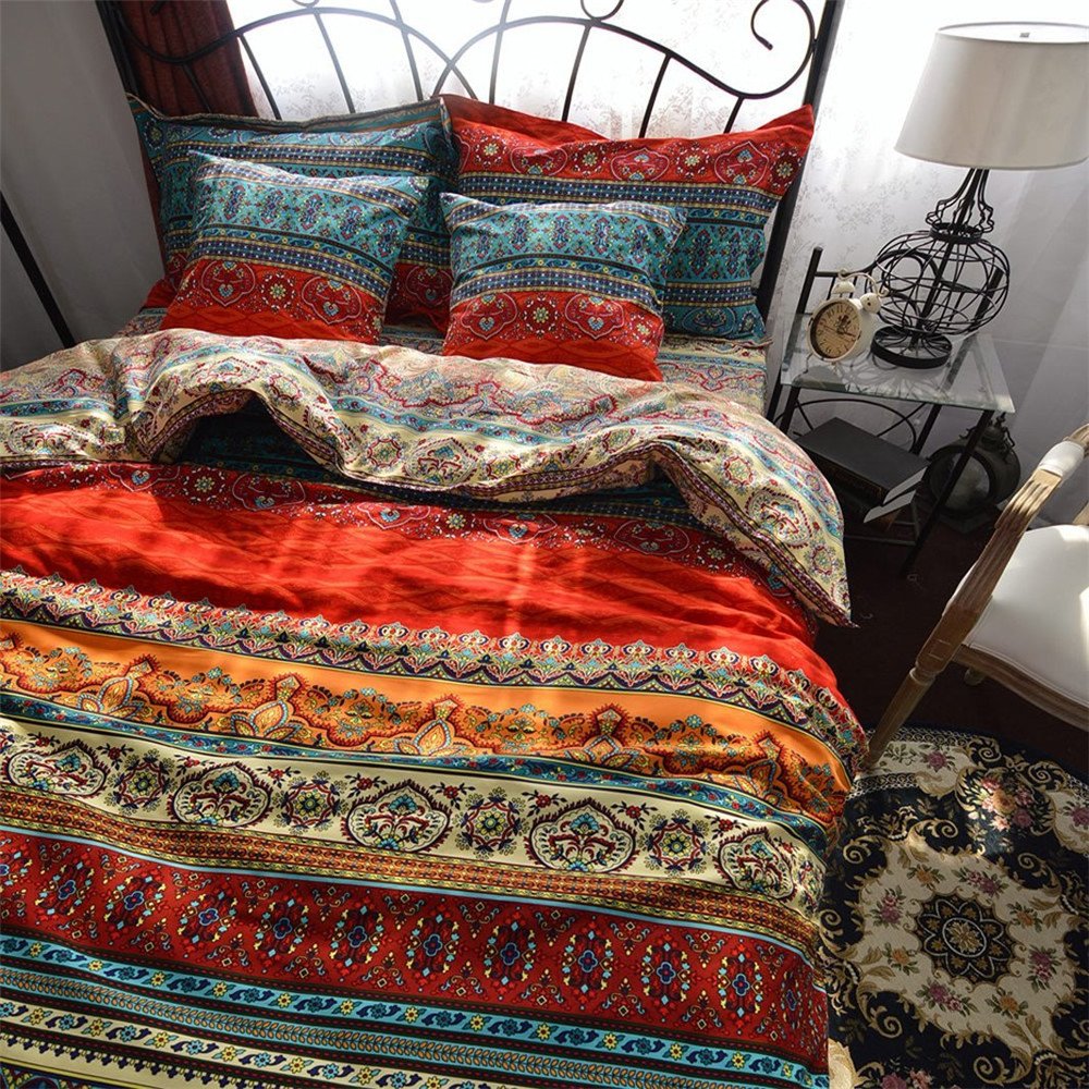 Bohemian Bedding Set Queen Size - 100% Brushed Cotton Boho Duvet Cover & Stripe Sheet Set - Soft & Breathable for Cozy Bedroom Decor - Perfect for Guest Rooms, Dorms & Boho Chic Homes