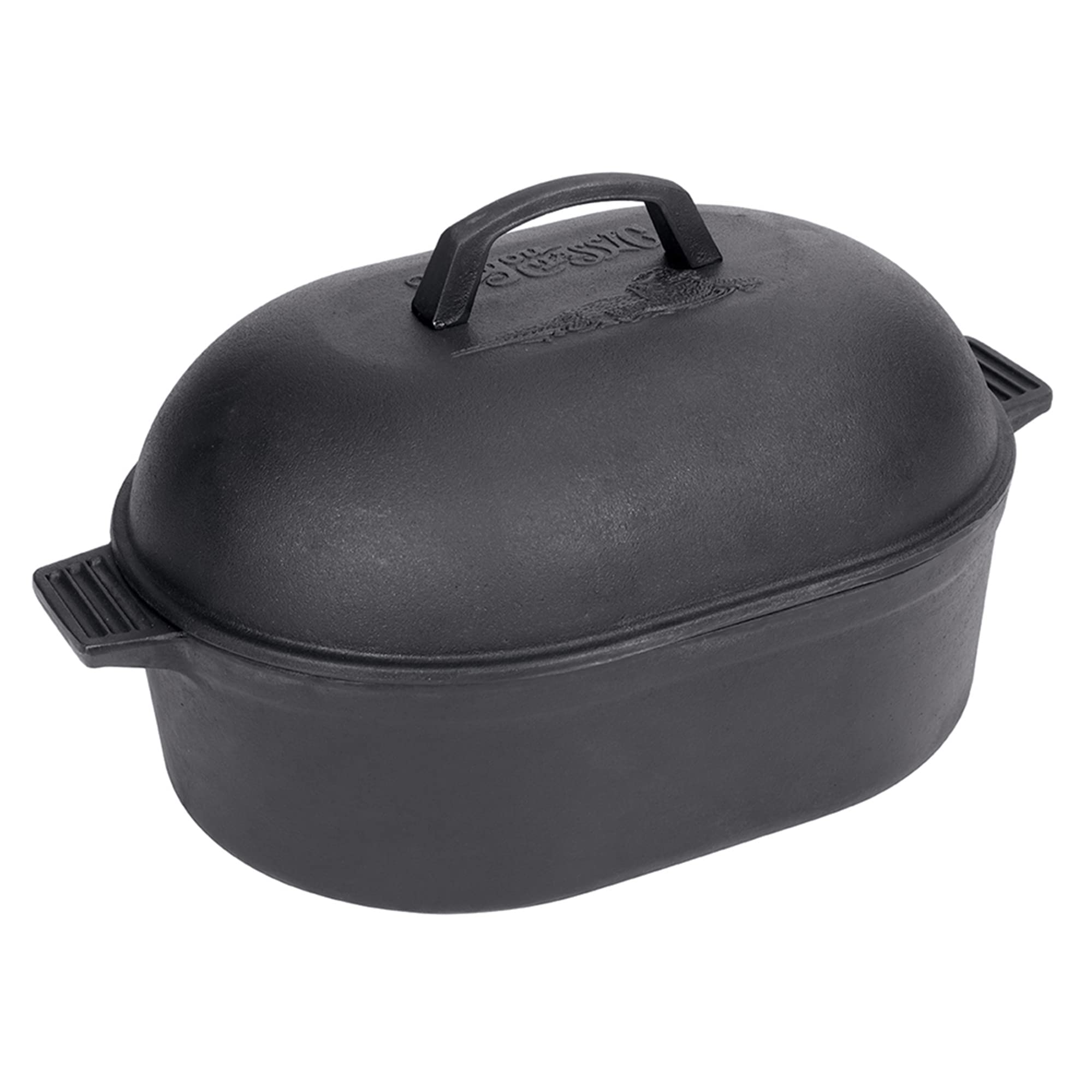 Bayou Classic 7418 12-Quart Cast Iron Oval Roaster with Domed Lid - Perfect for Slow Cooking Turkey, Chicken, Ham, Pot Roast, Stews, Soups & Chili - Ideal for Holiday Dinners, Family Gatherings & Outdoor Cooking