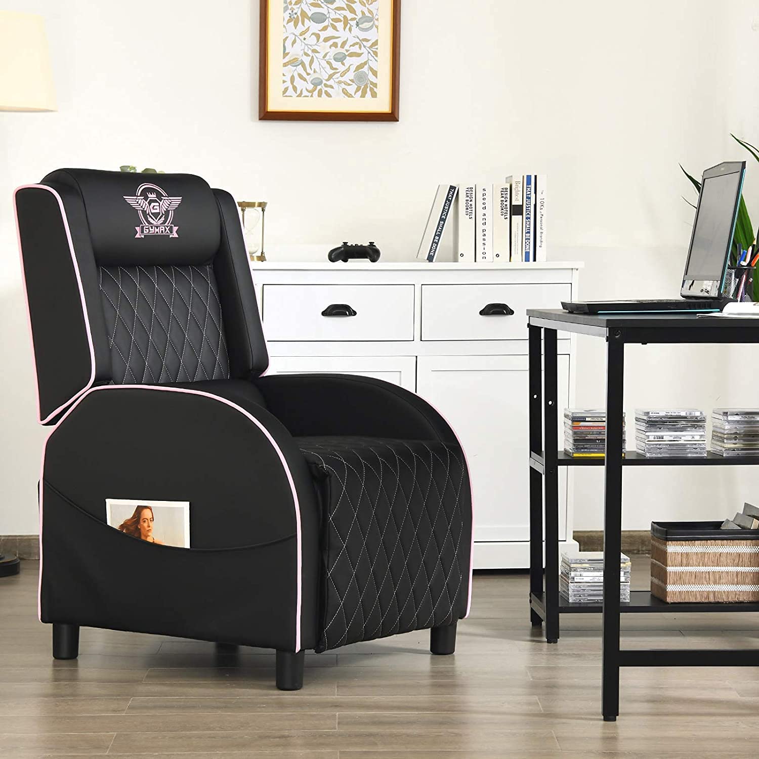 Premium Massage Gaming Recliner Chair - PU Leather Ergonomic Single Sofa with Adjustable Headrest & Lumbar Support - Racing Style Recliner for Home Theater, Living Room, Bedroom & Game Room - Perfect for Relaxation, Gaming & Movie Nights (Pink)