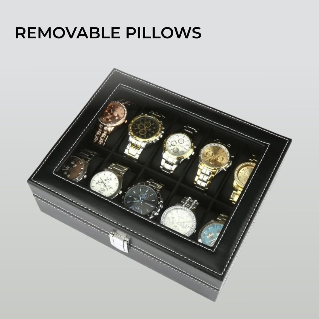 Premium Black Faux Leather Watch Box Organizer for Men & Women - Velvet Lined Display Case Holds 10 Watches - Perfect for Travel, Gift & Jewelry Storage