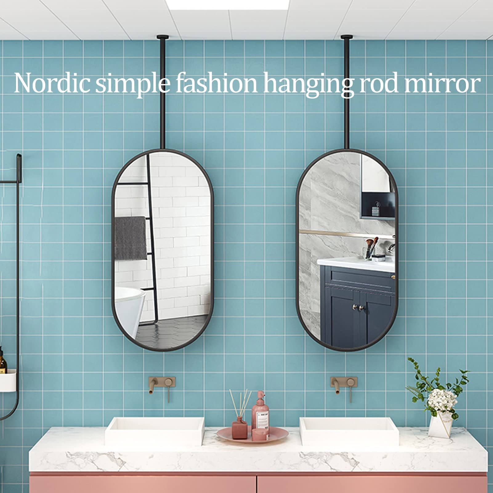 50cmx70cm Oval Ceiling Mirror with Metal Frame & Adjustable Boom - Perfect for Bathroom, Bedroom, Makeup Vanity & Shaving Station | Customizable Metal Arm for Versatile Use
