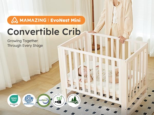 EvoNest 6-in-1 Convertible Baby Crib with Wheels | 100% New Zealand Pinewood Mini Crib | 4 Adjustable Mattress Heights | Washable Natural Finish | Perfect for Nursery, Small Spaces & Growing Babies