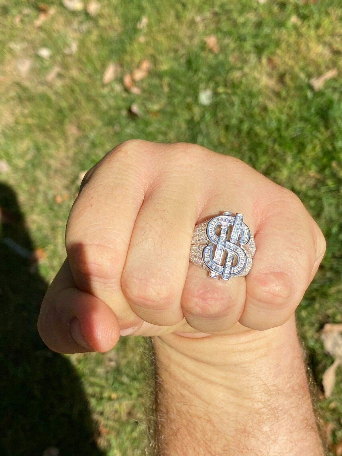 HarlemBling Solid 925 Sterling Silver Money $ Sign Ring for Men - Iced Baguette Diamond Hip Hop Jewelry - Sizes 7-13 - Perfect for Rappers, Hip Hop Artists & Streetwear Fashion