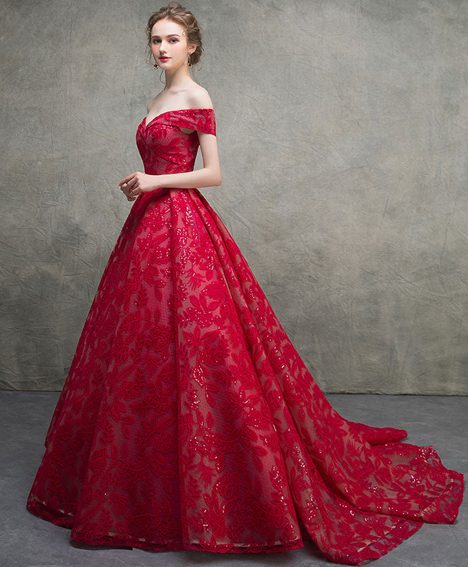 Elegant Red Off Shoulder Lace Long Prom Dress | Formal Evening Gown for Women | Perfect for Homecoming, Prom Night & Special Occasions