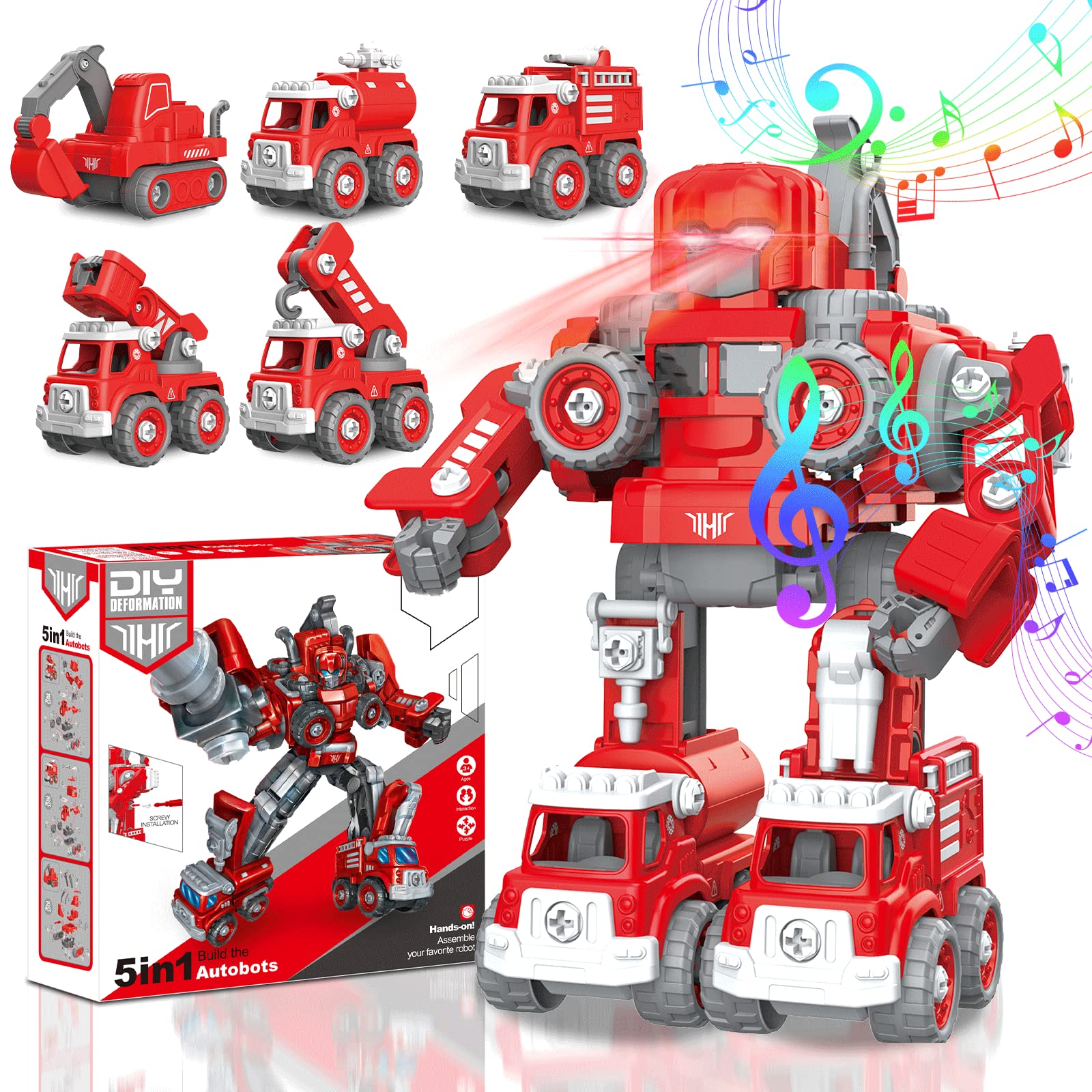 Ayunhao 5-in-1 STEM Fire Truck Robot Toy - Transformable Take Apart Building Toy for Kids Ages 3-8 | Educational Construction Set for Boys & Girls | Perfect Christmas & Birthday Gift (Red) | Fun for Pretend Play & Learning Scenarios